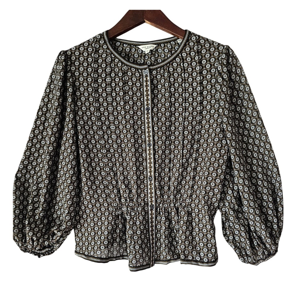 Max Studio London Peplum Button Blouse Black Olive Floral Puff Sleeve Medium